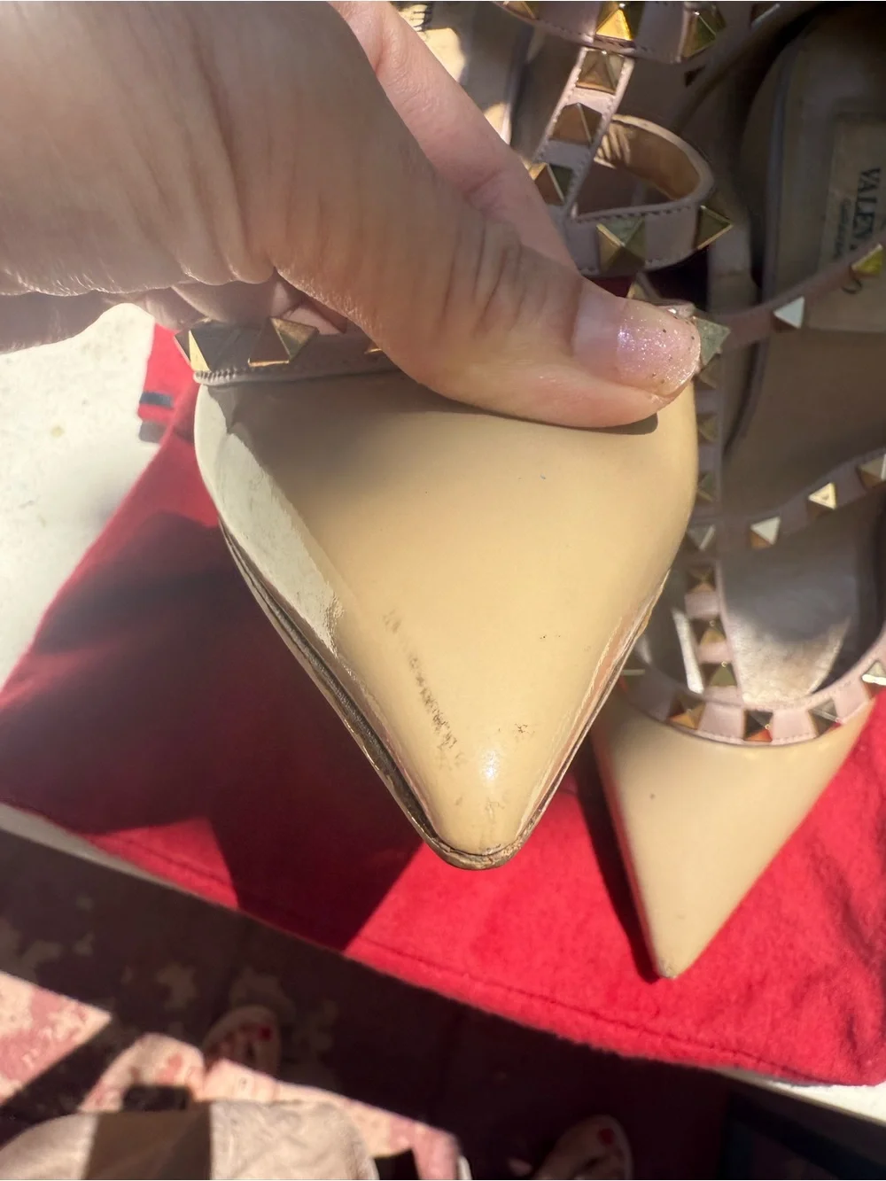 Valentino Garavani Nude/Beige Patent Leather Rockstud T-Strap Pumps Size 7